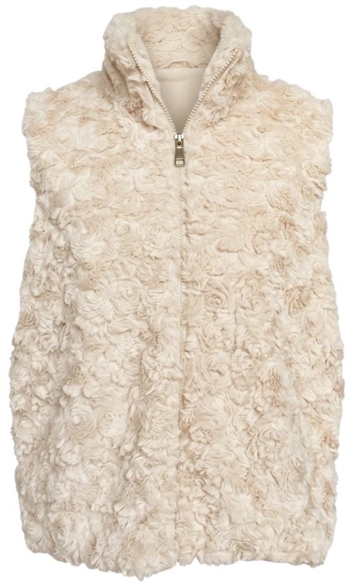 Beige gilet van imitatiebont met opstaande kraag, roosvormige textuur en een centrale ritssluiting.