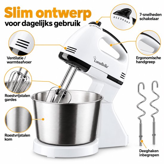LumaBella B-2012 Handmixer met Mengkom en Standaard – 2 Liter RVS Mengkom – 250W – 7 Snelheden + Turbofunctie – Inclusief 2 Gardes en 2 Deeghaken – Wit van LumaBella — afbeelding 4