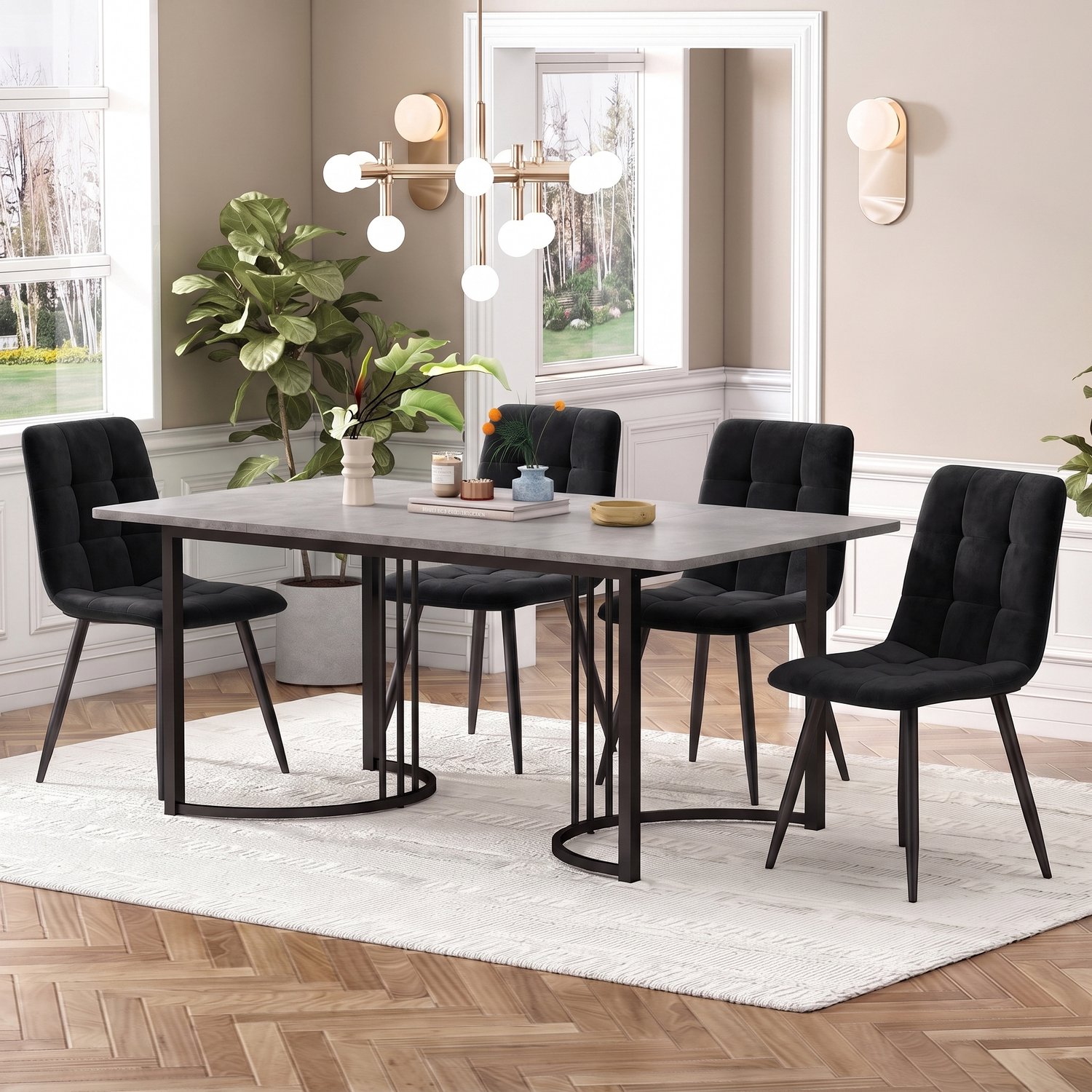 intebiki eetkamerset set van 5 - 117x68cm eettafel met 4 stoelen - Grijs MDF - zwarte metalen poten - 44x41x86cm zwart eetkamerstoel