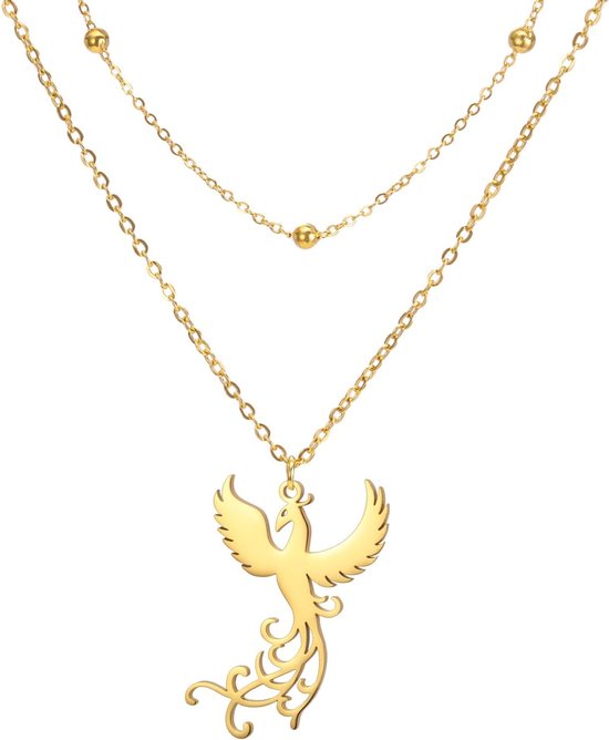 Goudkleurige dubbele ketting met een phoenix hanger en kleine kraaltjes.