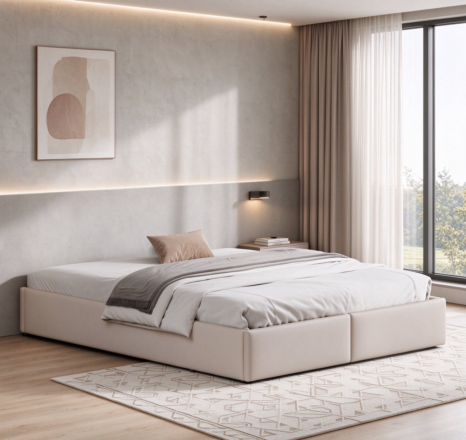 ROSAHQNDA Gestoffeerd tweepersoonsbed 140 x 200 cm met opbergruimte en 2 lades, hydraulisch bed zonder hoofdbord, opbergbed inclusief lattenbodem, geschikt voor volwassenen en tieners, linnenlook bekleding, exclusief matras Beige