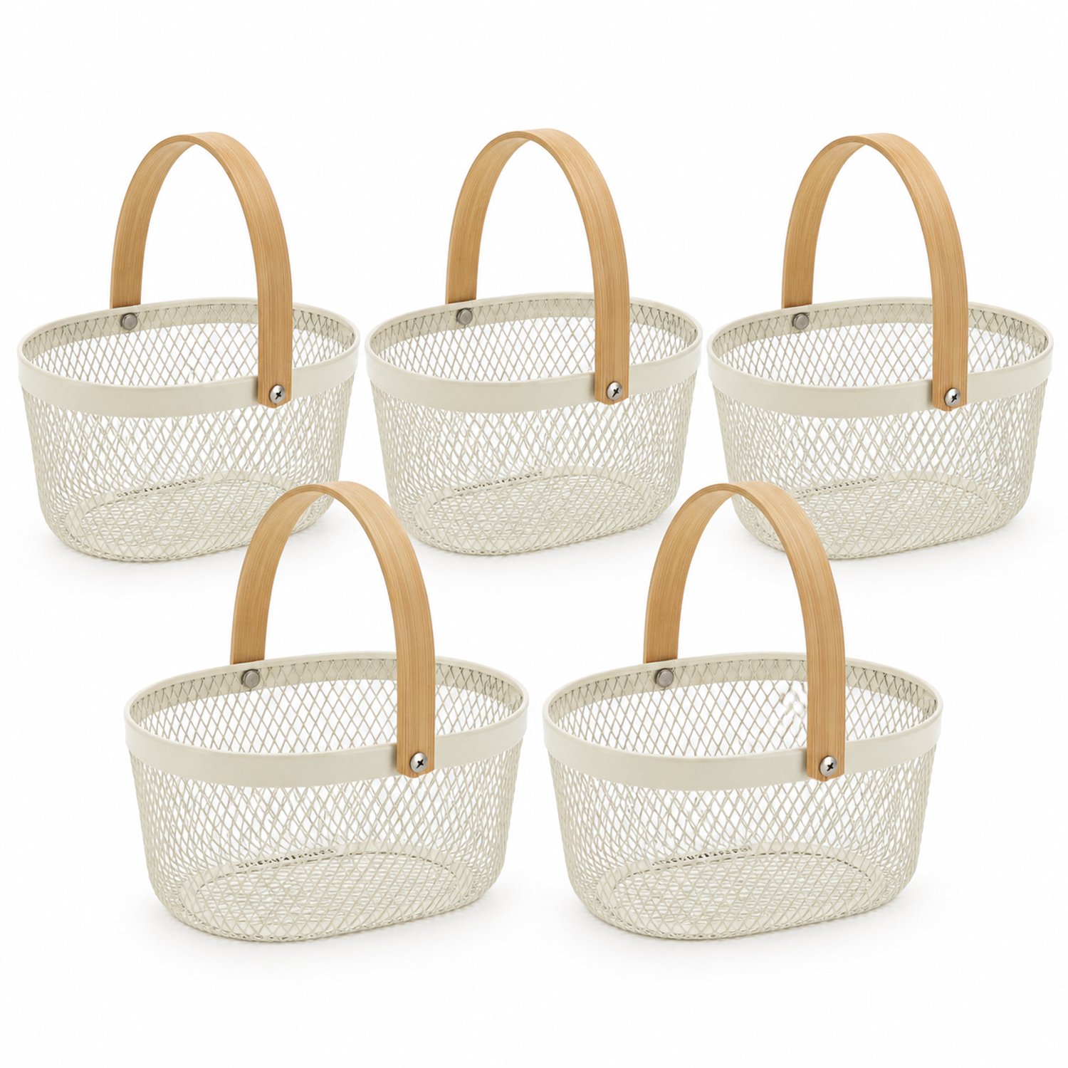 Opbergmand Set van 5 - 3 Liter per Mand - Metalen Opbergmanden met Bamboe Handvat - Ovale Draadmanden - Fruitmand, Cadeaumand en Multifunctionele Organizer - Crème