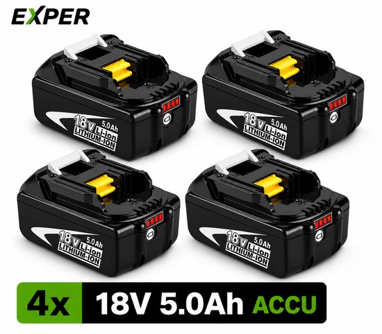Vier identieke zwarte 18V 5.0Ah Li-ion accu's van het merk Exper met led-indicator.