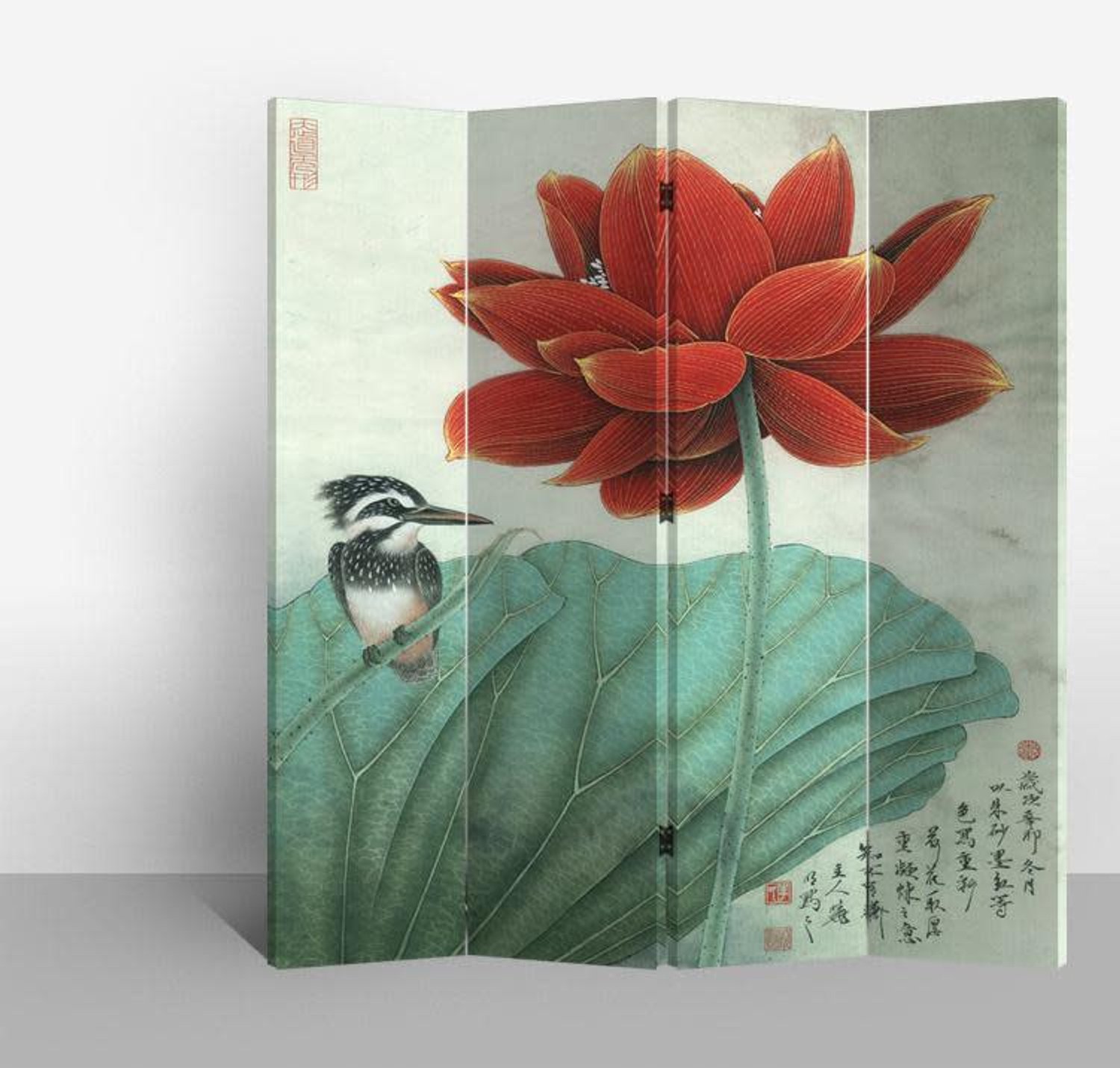 Fine Asianliving Chinees Kamerscherm B160xH180cm 4 Panelen Waterlelie Groen, Multicolour