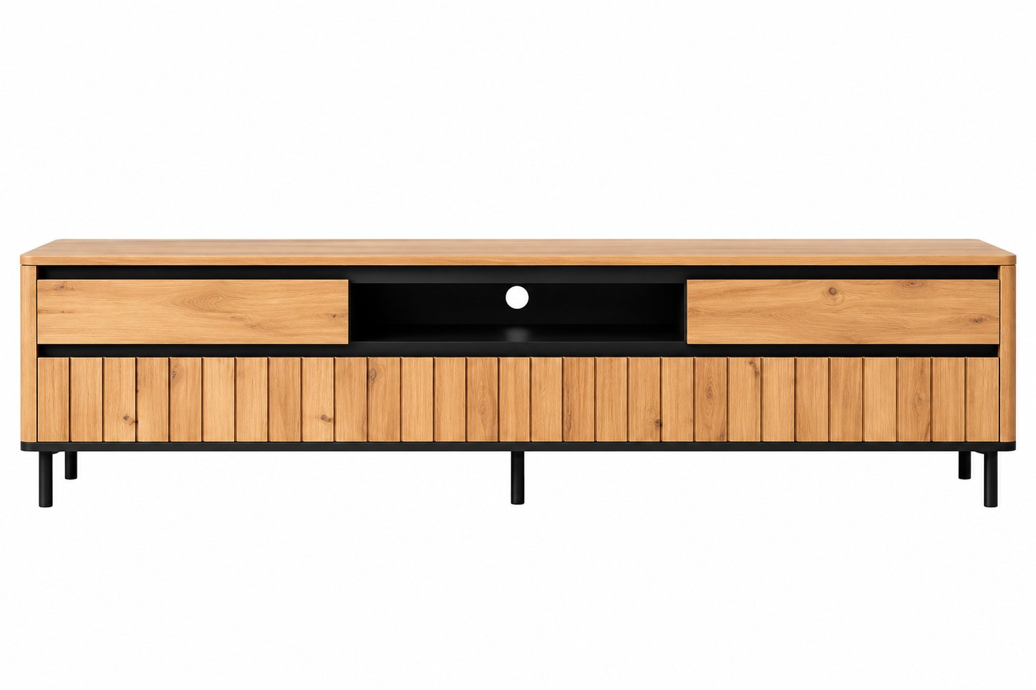 VILIMA - Tv meubel - Tv kast - 180 x 40 x 52 cm - Industriële look - 2 lades - 2 deuren - 6 poten - Licht hout - Zwart metaal