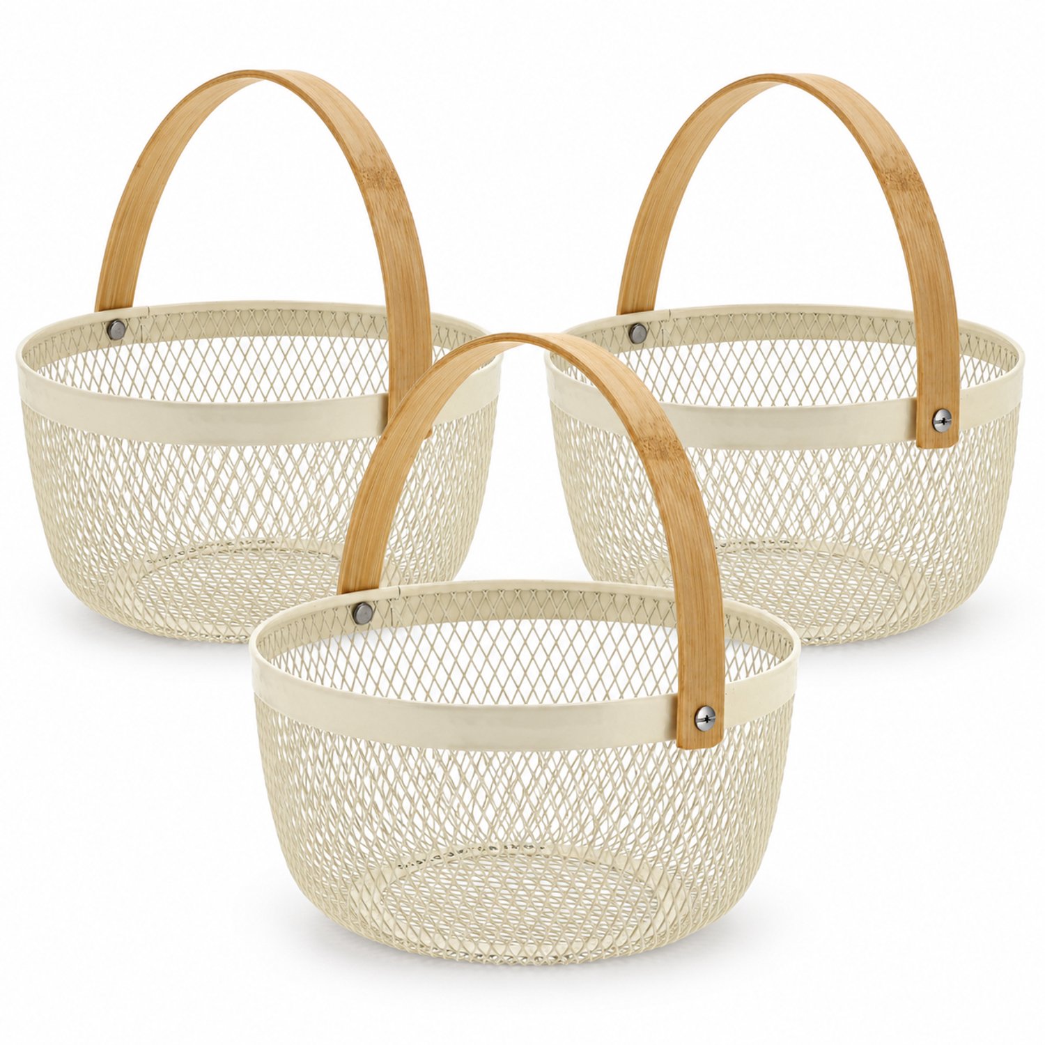 Opbergmand – Ronde Fruitmand Set van 3 – Ca. 3 Liter per Mand – Cadeaumanden Organizer – Metaal met Bamboe Handvat – Draadmanden – Keuken, Badkamer, Woonkamer en Kantoor – Crème