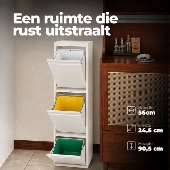 Witte prullenbak met drie gekleurde vakken in een keukenomgeving met afmetingen 56x24,5x90,5 cm.