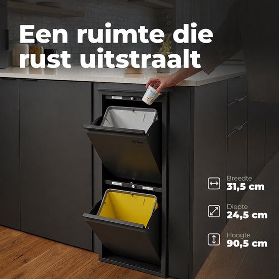 Zwarte prullenbak met twee kantelbare vakken, een witte en een gele emmer, ingebouwd in een keukenblok.