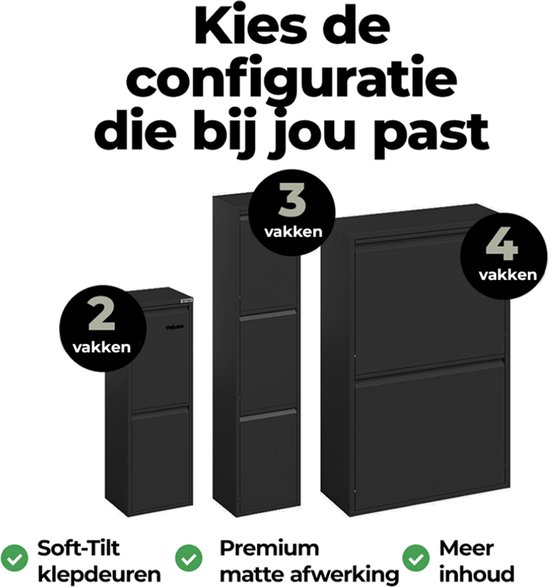 Drie matzwarte Veehaus prullenbakken met 2, 3 en 4 vakken naast elkaar getoond voor configuratievergelijking.