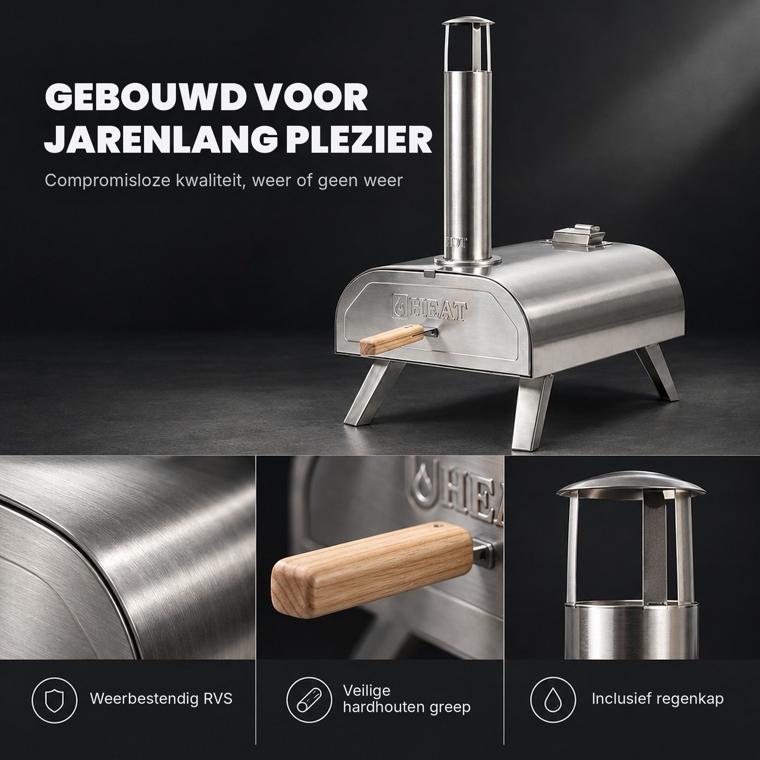 HEAT Pizza Pellet Oven - Houtpellet Pizzaoven voor Buiten - Inclusief Pizzasteen - RVS Dubbelwandig - Inklapbaar - 450-500°C – foto 2