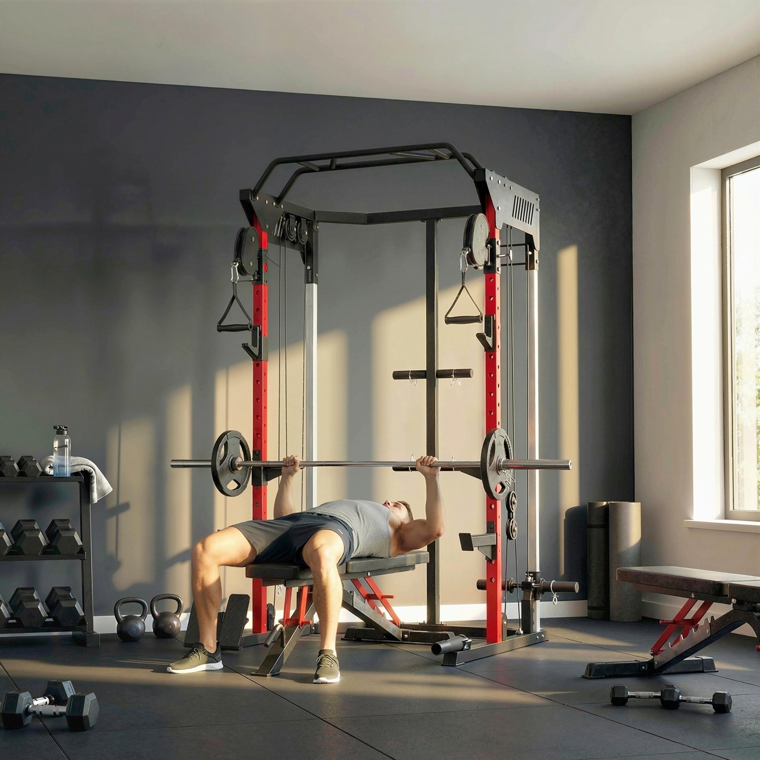 Sporton Krachtstation met Power Rack en dubbel kabelzugsysteem - In hoogte verstelbaar - 168 x 128 x 215 cm - Zwart thumbnail 5
