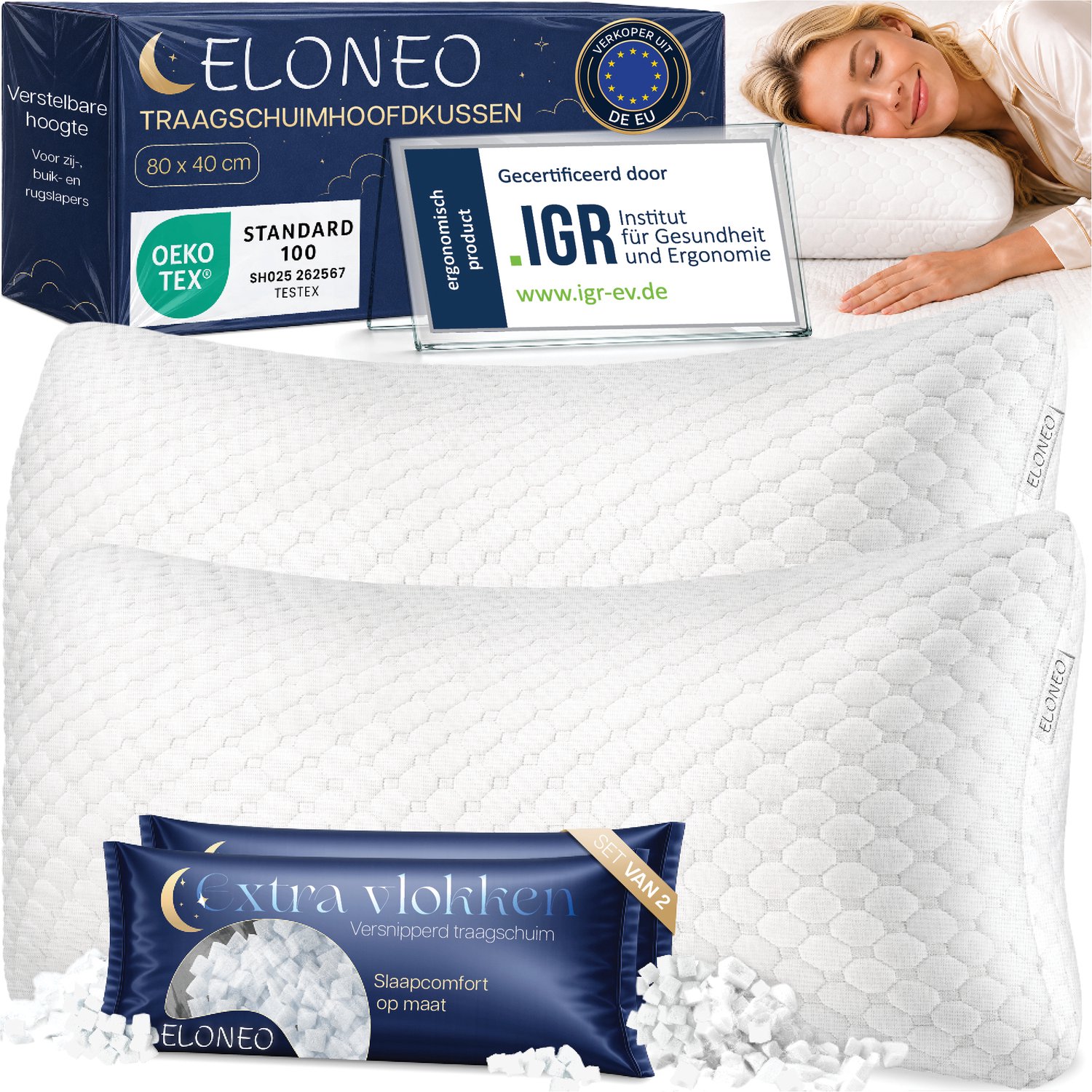 ELONEO Premium Memory Foam hoofdkussen 40x80 cm, ergonomisch en in hoogte verstelbaar, met versnipperde traagschuimvulling