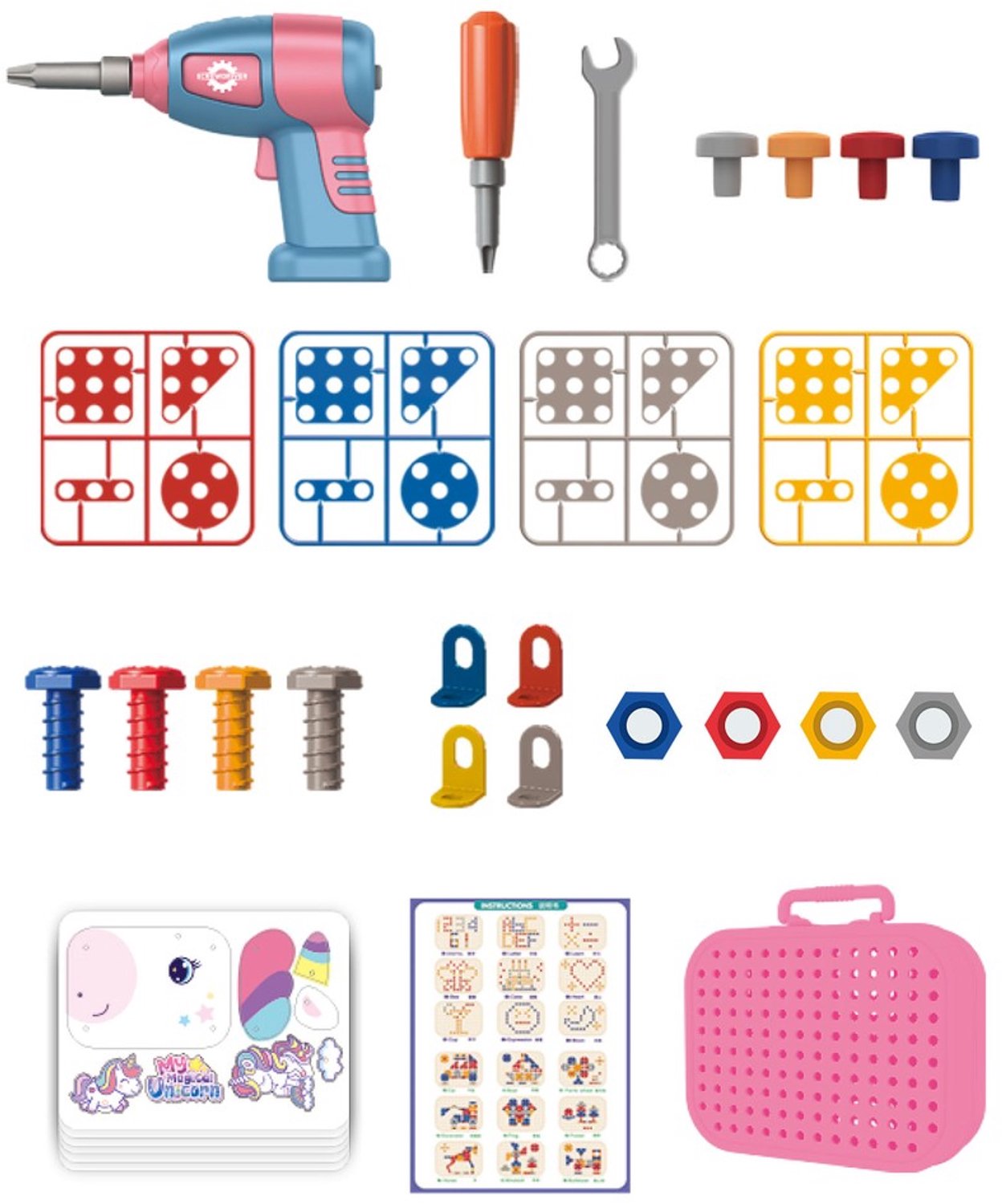 Eddy Toys Bouwset met Bouwdoos incl Speelgoed Boormachine - Constructiespeelgoed met 228 Onderdelen - Eenhoorn Puzzel - Montessori Speelgoed Insteek Mozaiek - Educatief Speelgoed