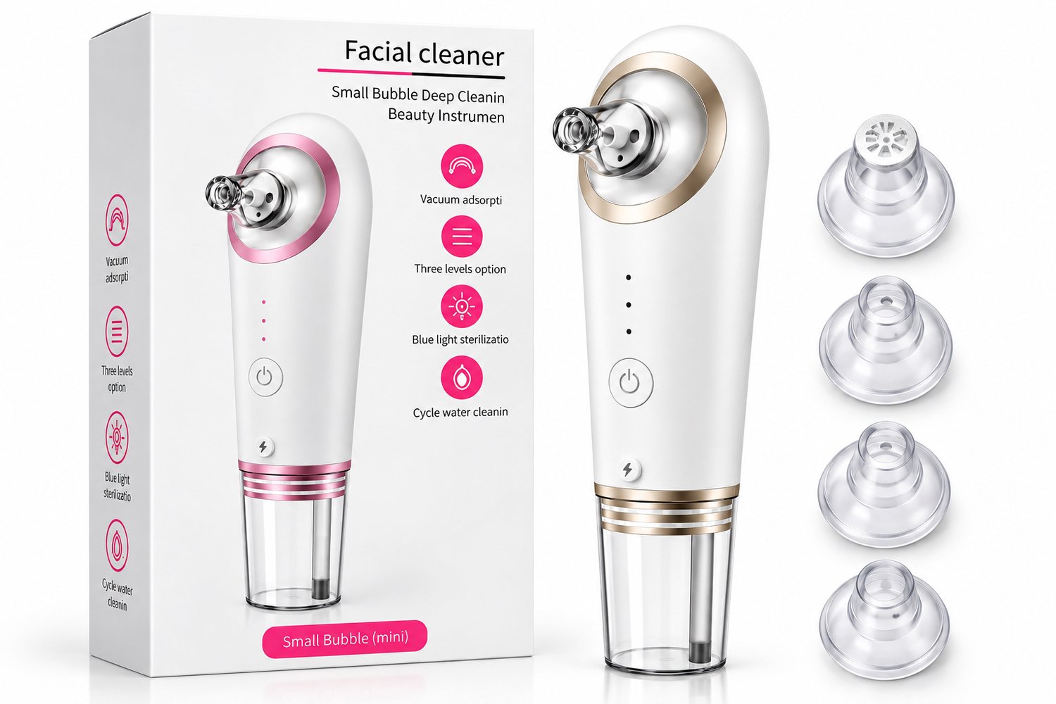 COIL Gezichtsreiniger met vacuümfunctie – 4 opzetstukken, 3 standen, oplaadbaar, 1000 mAh, USB, Wit-Gouden