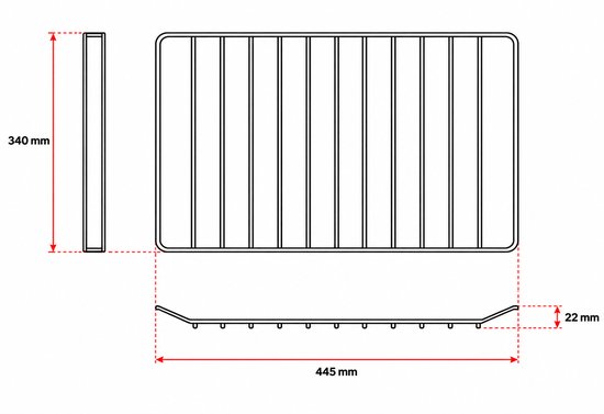 Technisch schema van een rechthoekig ovenrooster, afmetingen 340mm bij 445mm met een hoogte van 22mm.
