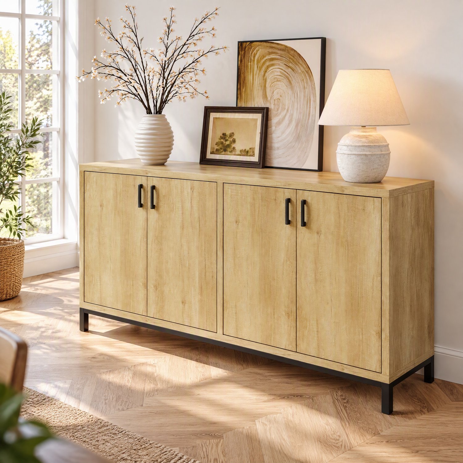Buffetkast 160cm, Dressoir met 4 Deuren en Verstelbare Planken, Houtlook Keukenkast met Metalen Poten voor Woonkamer Eetkamer Hal, Naturel en Zwarte