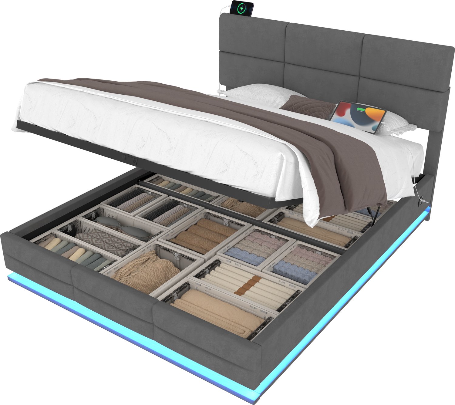 MUVANO Bedframe 160x200 - Fluwelen bekleding - Verstelbaar hoofdbord - Metalen frame - Hydraulische opbergruimte - Led en usb - Slaapkamer donkergrijs