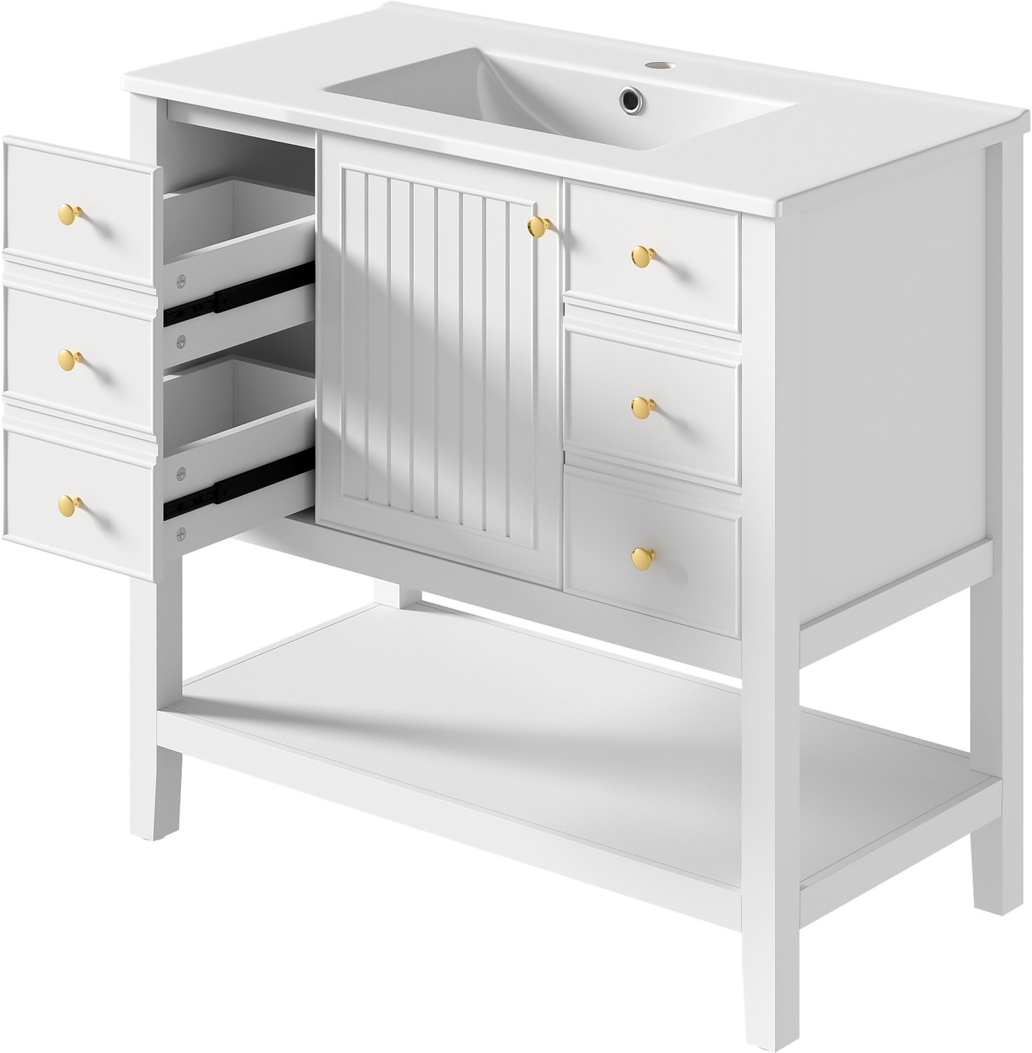 Wastafelmeubel 91 × 46,5 × 89 cm - Staand badkamermeubel met geïntegreerde keramische wastafel, vier laden en kastdeur - Wit gelakt MDF
