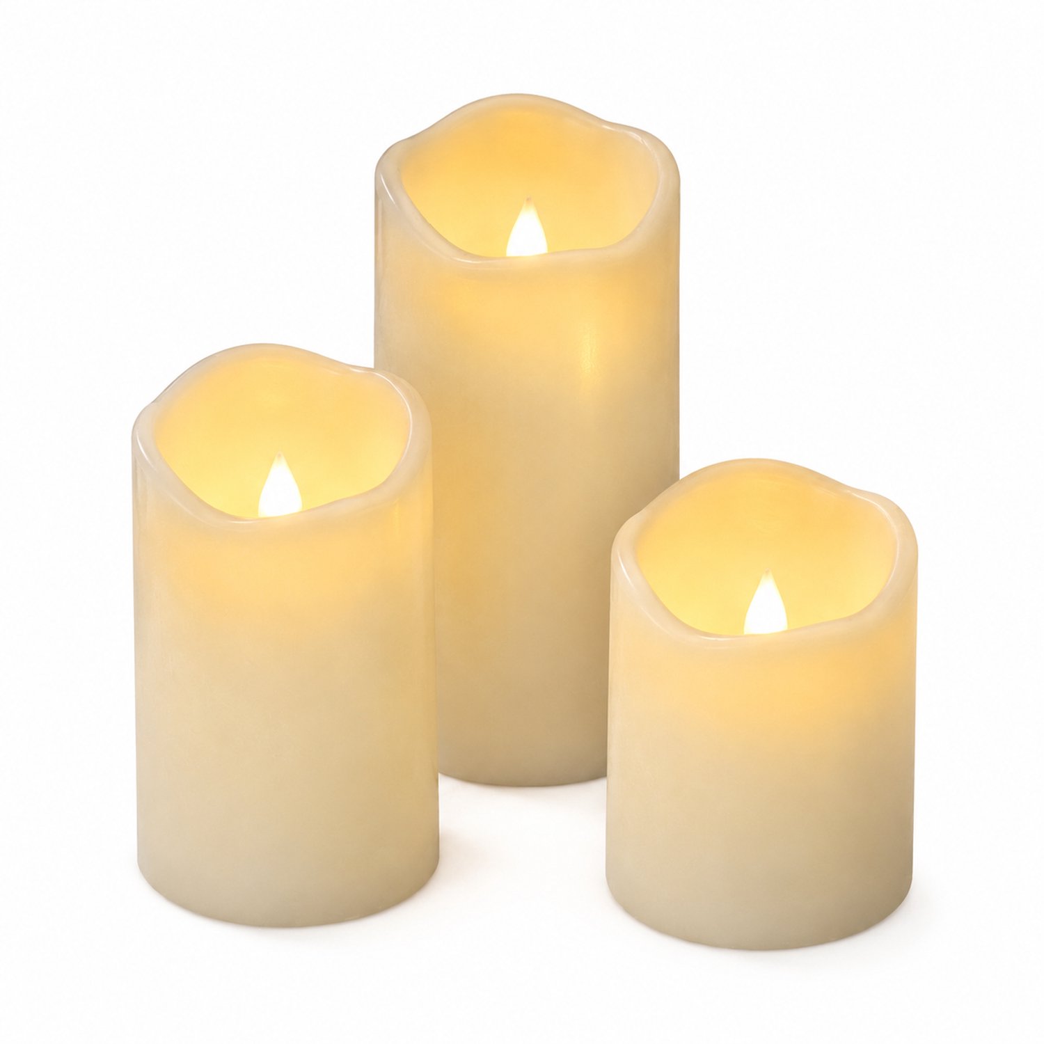 SWGOTA led kaarsen, set van 3, kunststof met schuine bovenrand en puntige vlamvorm, diameter 7,5 cm, hoogtes 10/12,5/15 cm Crème
