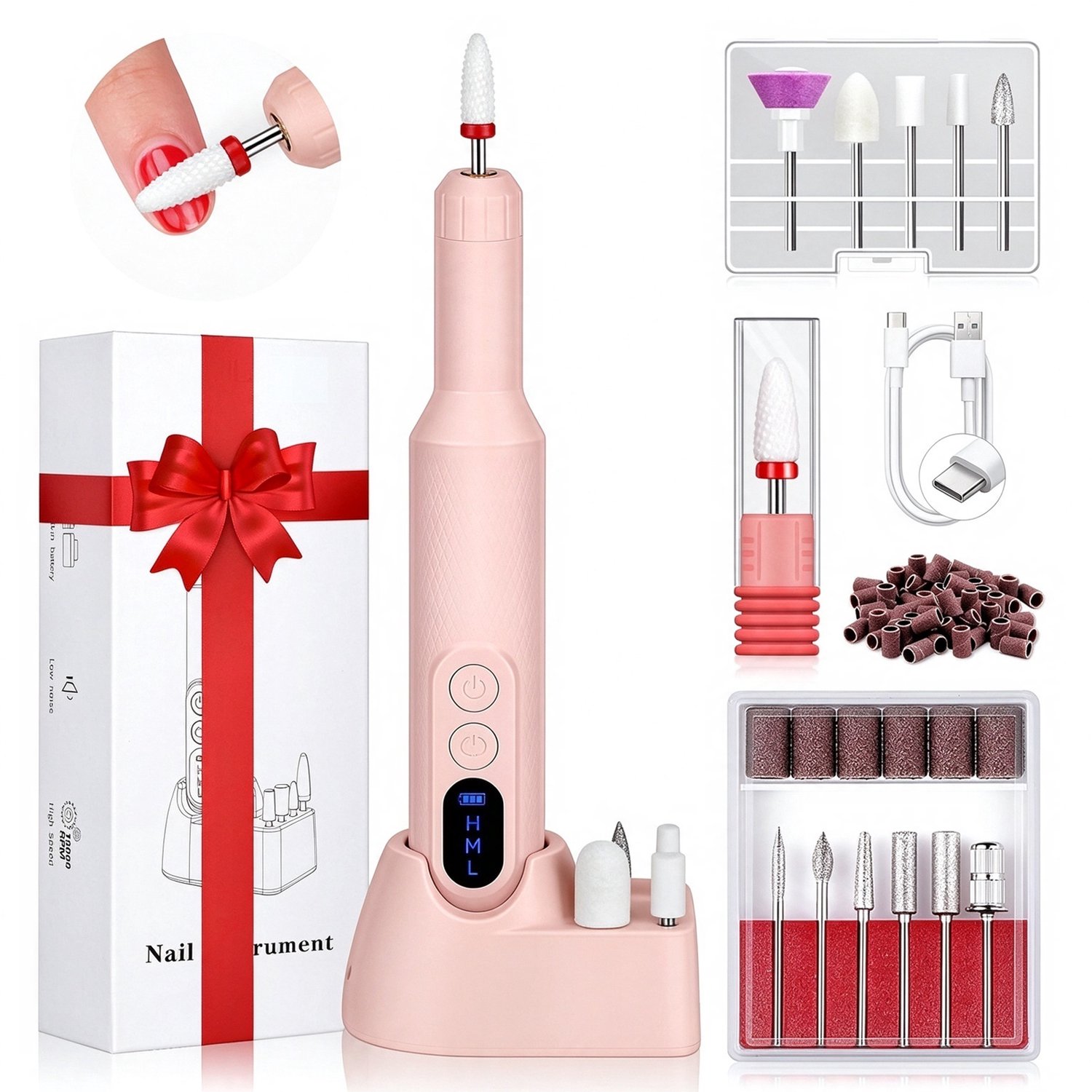 Lifhelpe elektrische nagelvijl met oplaadstation, draadloos en oplaadbaar, complete manicure en pedicure set voor thuisgebruik, roze