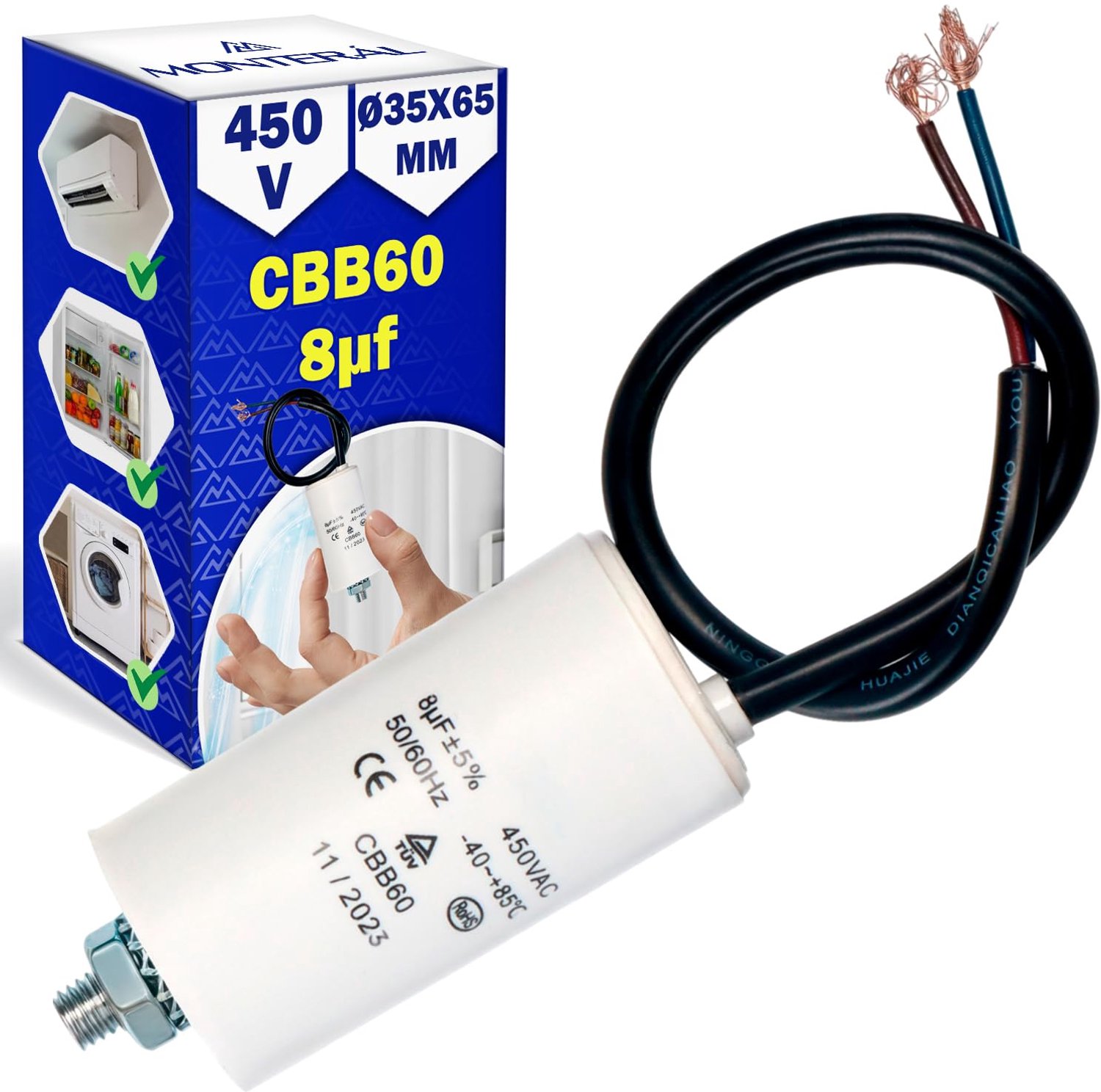 startcondensator 8F - 450 VAC - met aansluitkabel - voor droger en wasmachine - ServiceTopper