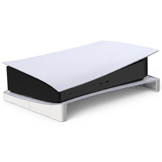 Zwarte PS5-console in een witte houder, volledig zichtbaar tegen een witte achtergrond.