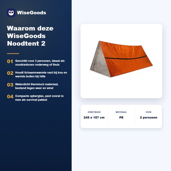 WiseGoods Premium Noodtent 2 Persoons - Survival Accessoirers - Noodpakket Tent - Noodrantsoen - Oudoor - Thermo Tenten - Oranje van WiseGoods — afbeelding 2
