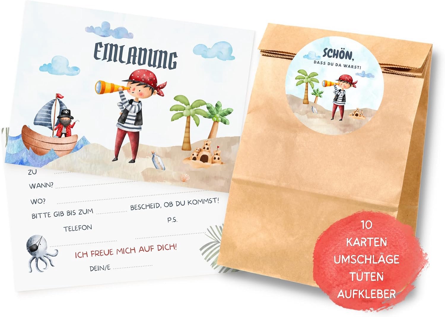10-delige set piraten-uitnodigingskaarten met goodiebag