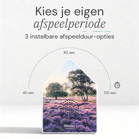 Melodiez geluidshuisje met lavendelveld print en instelbare afspeelduur van 40, 80 of 120 seconden.