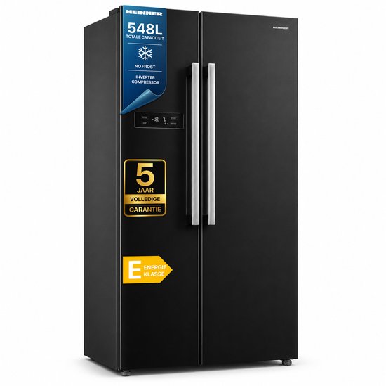 Heinner HSBS-M548NFINVBKE++ American Side-by-Side Koelkast – 548 L – Total No Frost – Inverter Compressor – Touchbediening – Super Cooling – Super Freeze – Holiday-functie – Open-d…