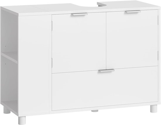 Badkamer Onderkast 70x35x60 cm – Wit Wastafelmeubel met 2 Deuren, 1 Lade en Open Zijvak – Verstelbare Legplank – Staande Badkamerkast met Opbergruimte