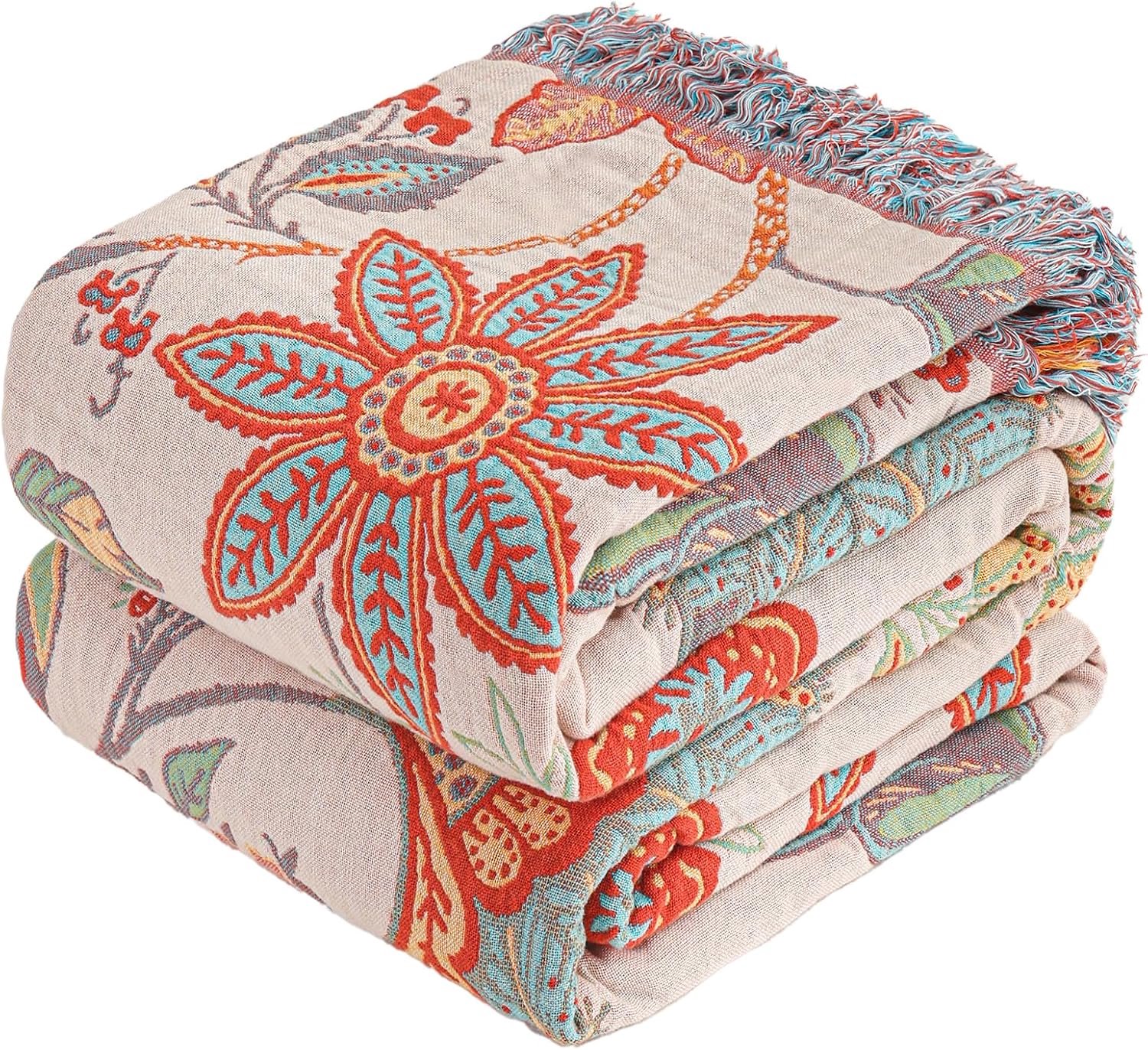 KZQ Grote, rustieke boho-plaid met bloemenmotief ( 200 x 230 cm) in oranje en saliegroen – ademende mousseline deken van vier lagen gaas – zachte, lichtgewicht deken voor elk seizoen met franjes – veelzijdige deken – ideaal cadeau