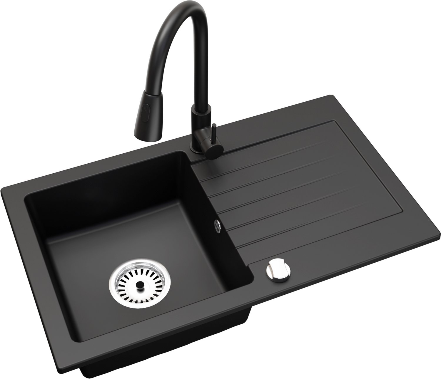 Faizee Home Alisha Granieten Spoelbak 75 × 44 cm – Keuken Spoelbak van Kwartscomposiet – Omkeerbaar – Inclusief Afvoer Mattschwarz Wave