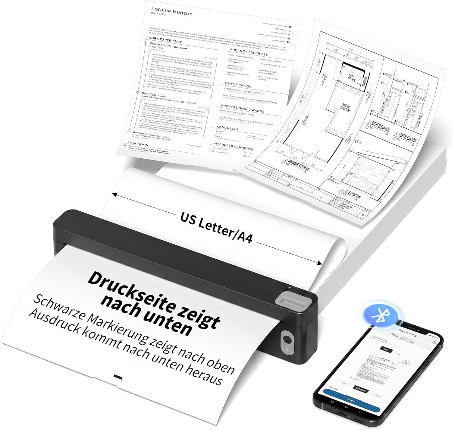 A4 Thermodrucker, Bluetooth, 203 DPI, draadloze miniprinter, voor reizen, thuiskantoor, compatibel met iOS, Android, laptop, voor gevouwen thermopapier