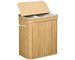 Wasmand 54,2 x 35,2 x 59,5 cm, Naturel, Bamboe, Wasbox, Wasmand met Deksel, Wassorteerder, Opvouwbare Wasmand, 90 Liter Inhoud, Uitneembare Binnenzak, Twee Draaggrepen, Ruimtebesparend Ontwerp, Voor Badkamer, Wasruimte en Slaapkamer