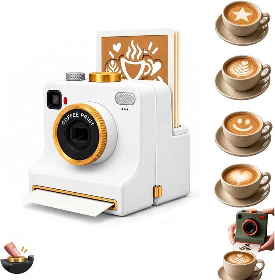 Witte camera-stijl koffieprinter met diverse sjablonen voor verschillende patronen in schuim.