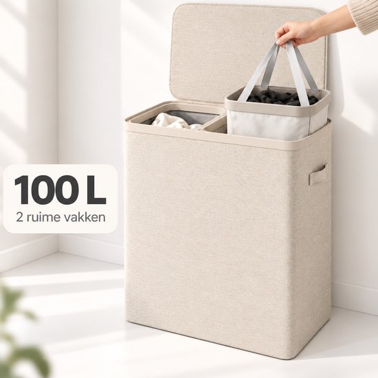 Beige wasmand van 100L met twee uitneembare zakken, een deksel en tekst: 100 L, 2 ruime vakken.