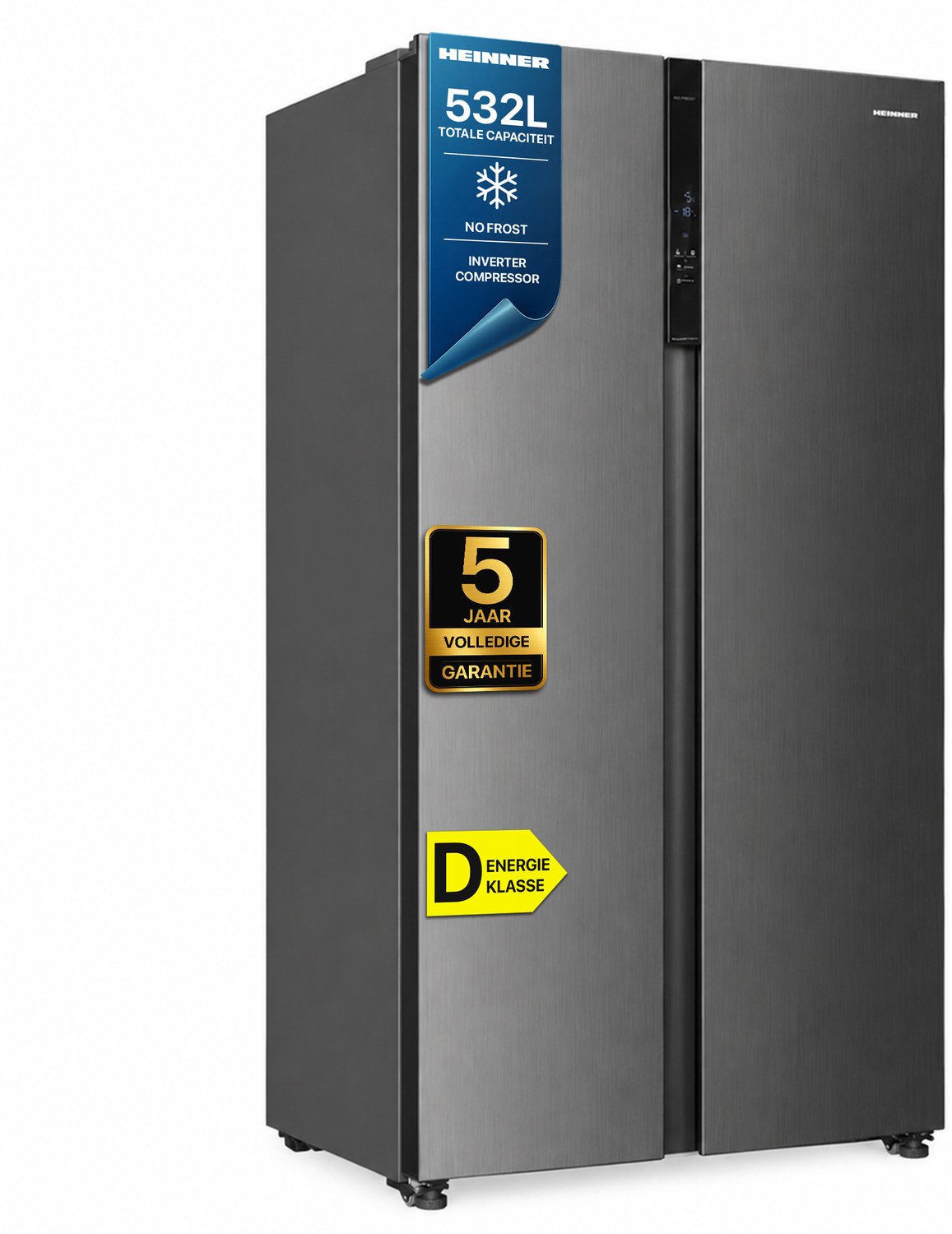 Heinner HSBS-HM532NFINVXD Amerikaanse Side-by-Side Koelkast – 532 L – Inverter No Frost – Smart Eco Functie – LED Touch Display – RVS – 5 Jaar Garantie