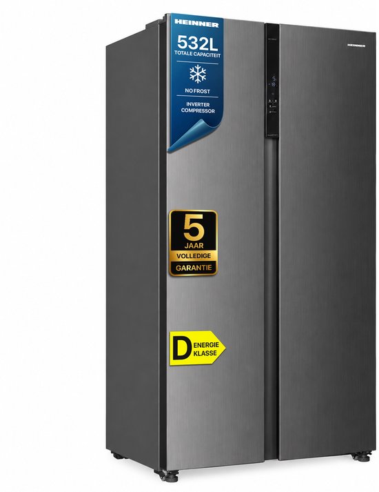 Heinner HSBS-HM532NFINVXD Amerikaanse Side-by-Side Koelkast – 532 L – Inverter No Frost – Smart Eco Functie – LED Touch Display – RVS – 5 Jaar Garantie