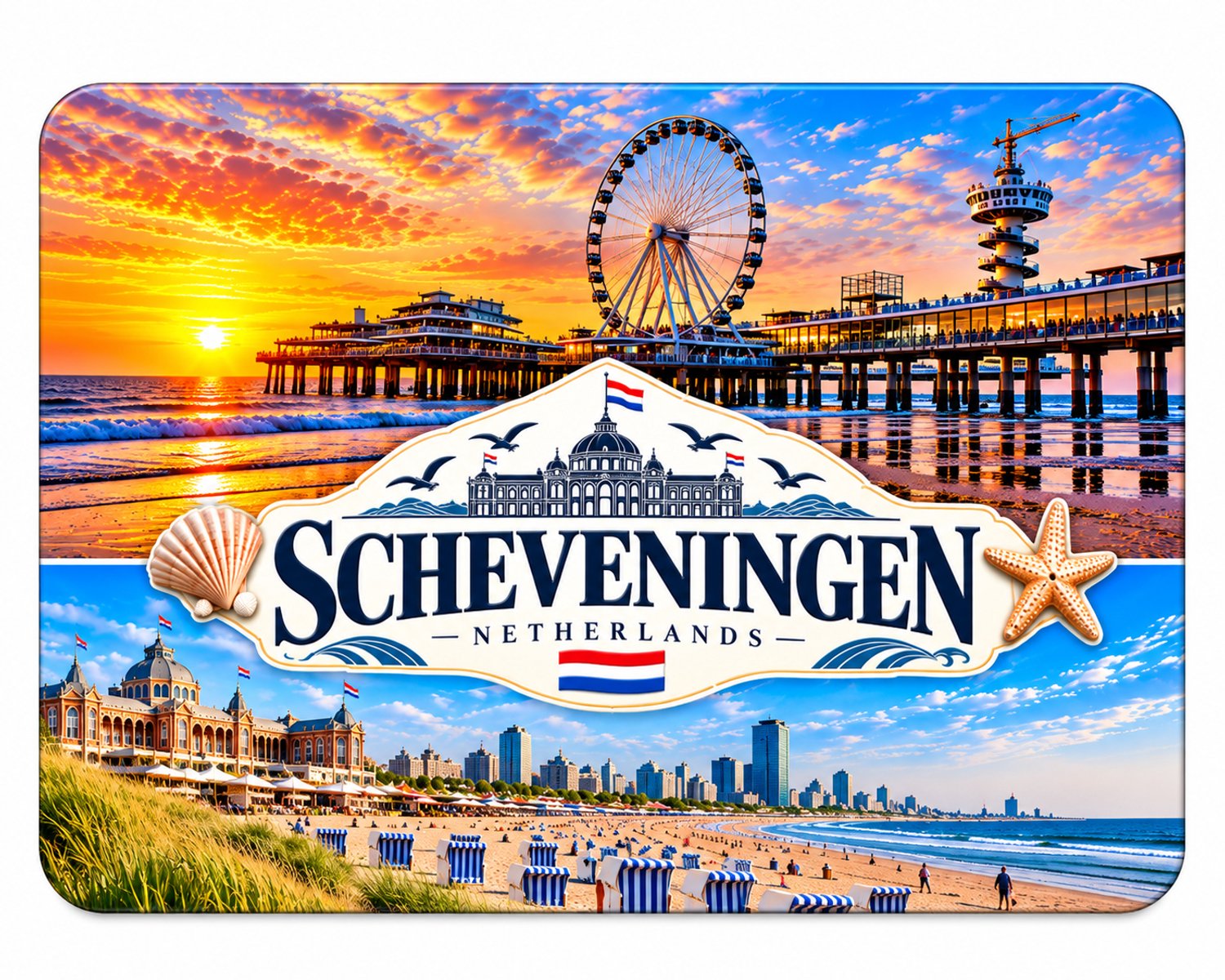 Koelkastmagneet MDF Scheveningen – Strand, pier en reuzenrad – Souvenir magneet – 9 x 7 cm