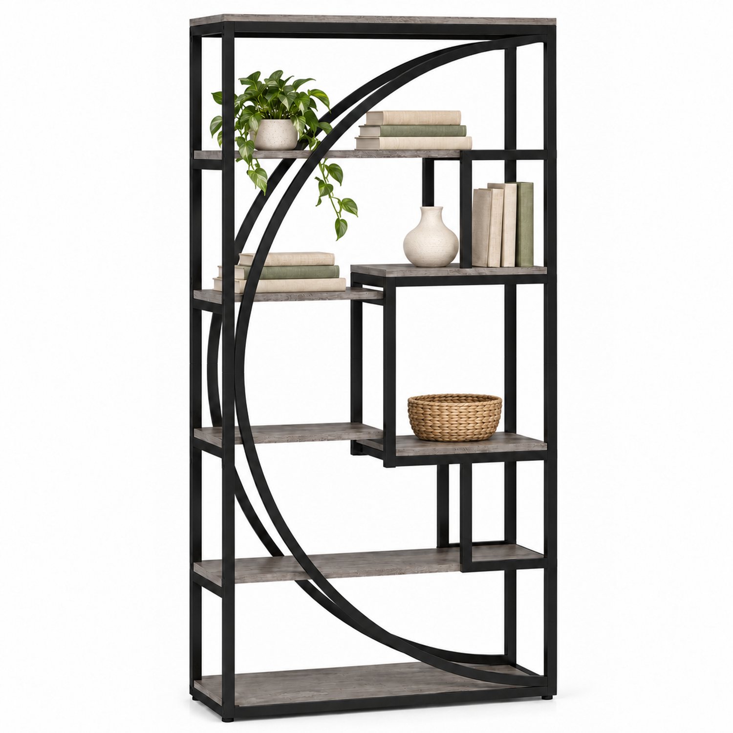 DMG Supply Boekenkast met Geometrisch Frame - 5 Lagen - 8 Open Vakken - 80 x 30 x 179 cm - Grijs/Zwart - MDF en Metaal