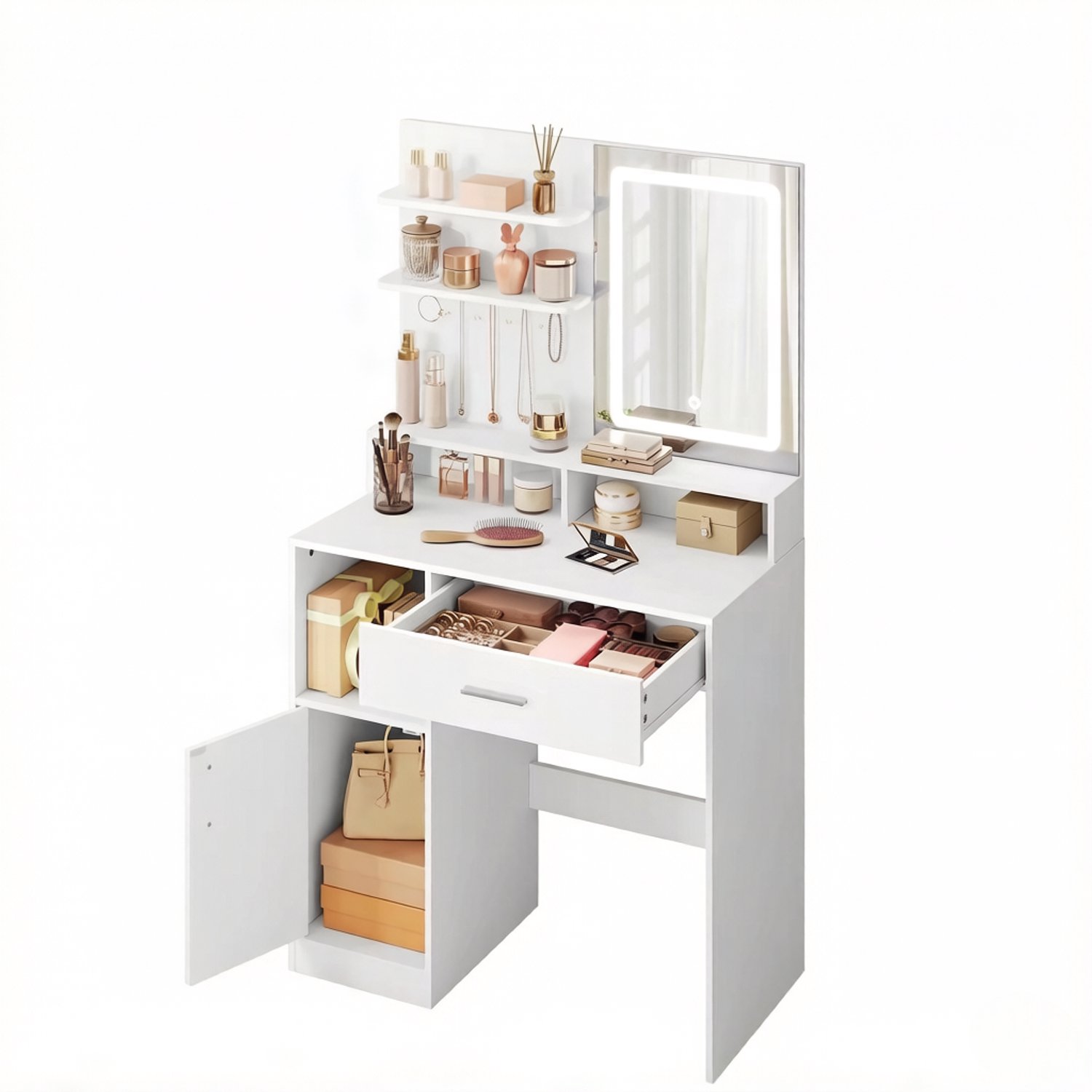 Kaptafel Met Spiegel - Make-up Tafel Met 3 Lichtstanden En Veel Opbergruimte - Met Lade En Kast Voor Slaapkamer - Wit Spaanplaat En Glas