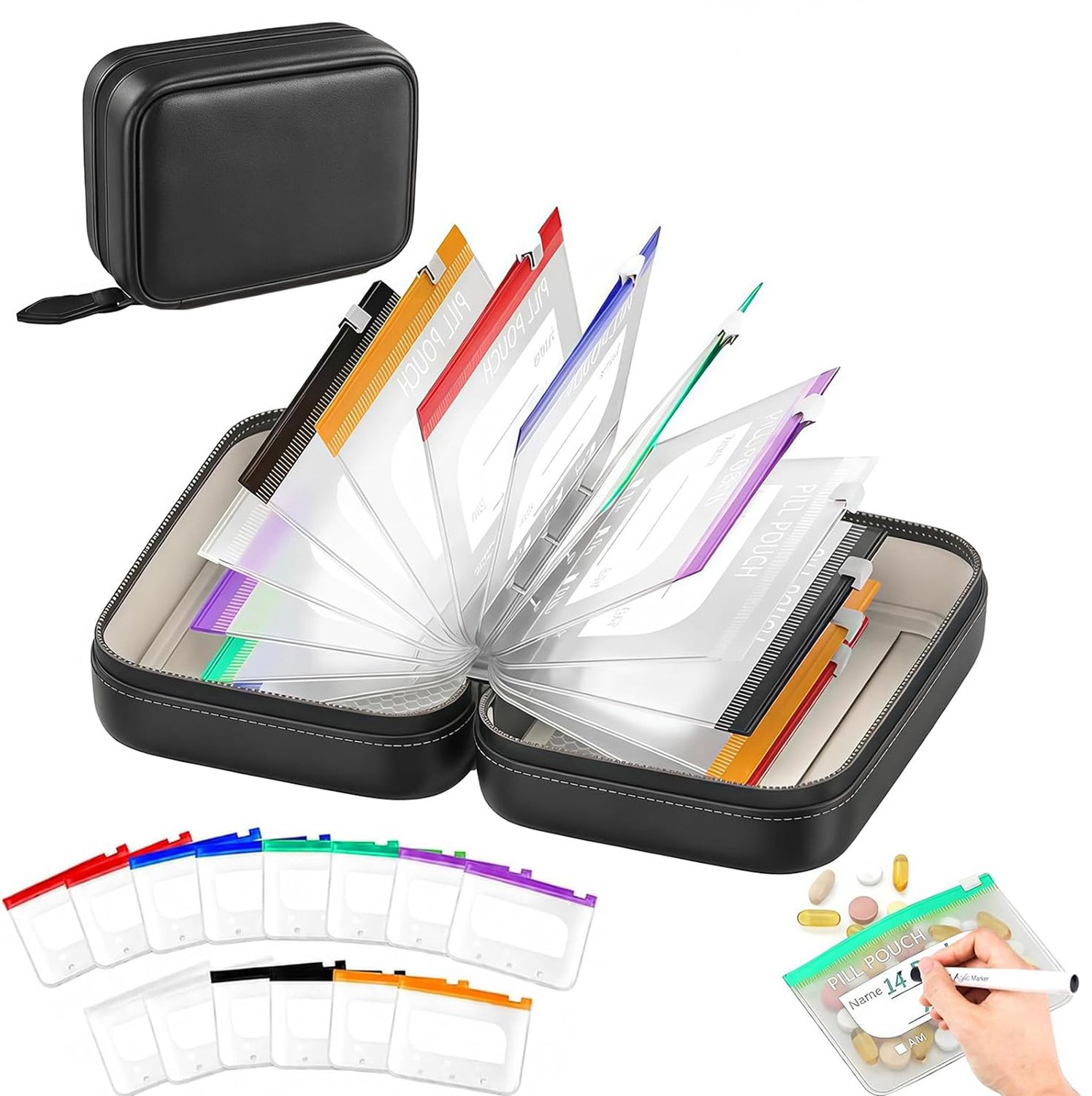 Lifhelpe Pillendoos organizer - 14 gelabelde medicijnbuidels - Pillenplanner voor 7 tot 14 dagen - Waterbestendige - Draagbaar - Zwart