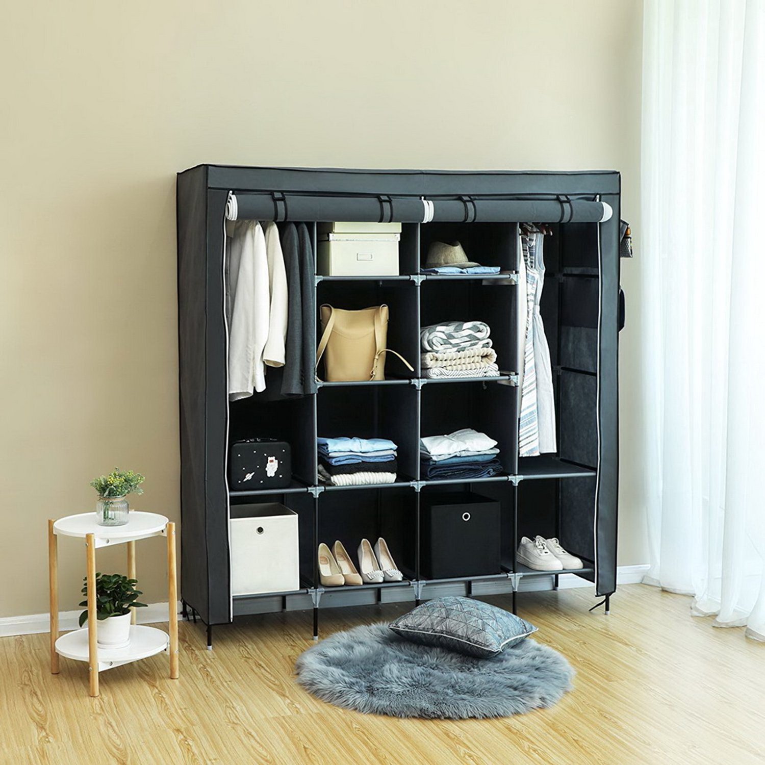 LEADZM Kledingkast - Grijs - 169,5 x 44 x 181,5 cm - met 2 kledingroedes en 4 zijzakken