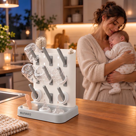 Kluvaro Flessen droogrek - Droogrek voor Babyflessen en Flesvoeding Accessoires - 2 Flessenborstels - Afdruiprek - Grijs — afbeelding 2
