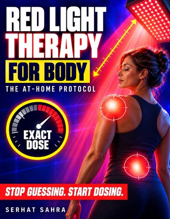 Vrouw met roodlichttherapie gericht op schouder en rug, met de tekst 'Red Light Therapy for Body'.