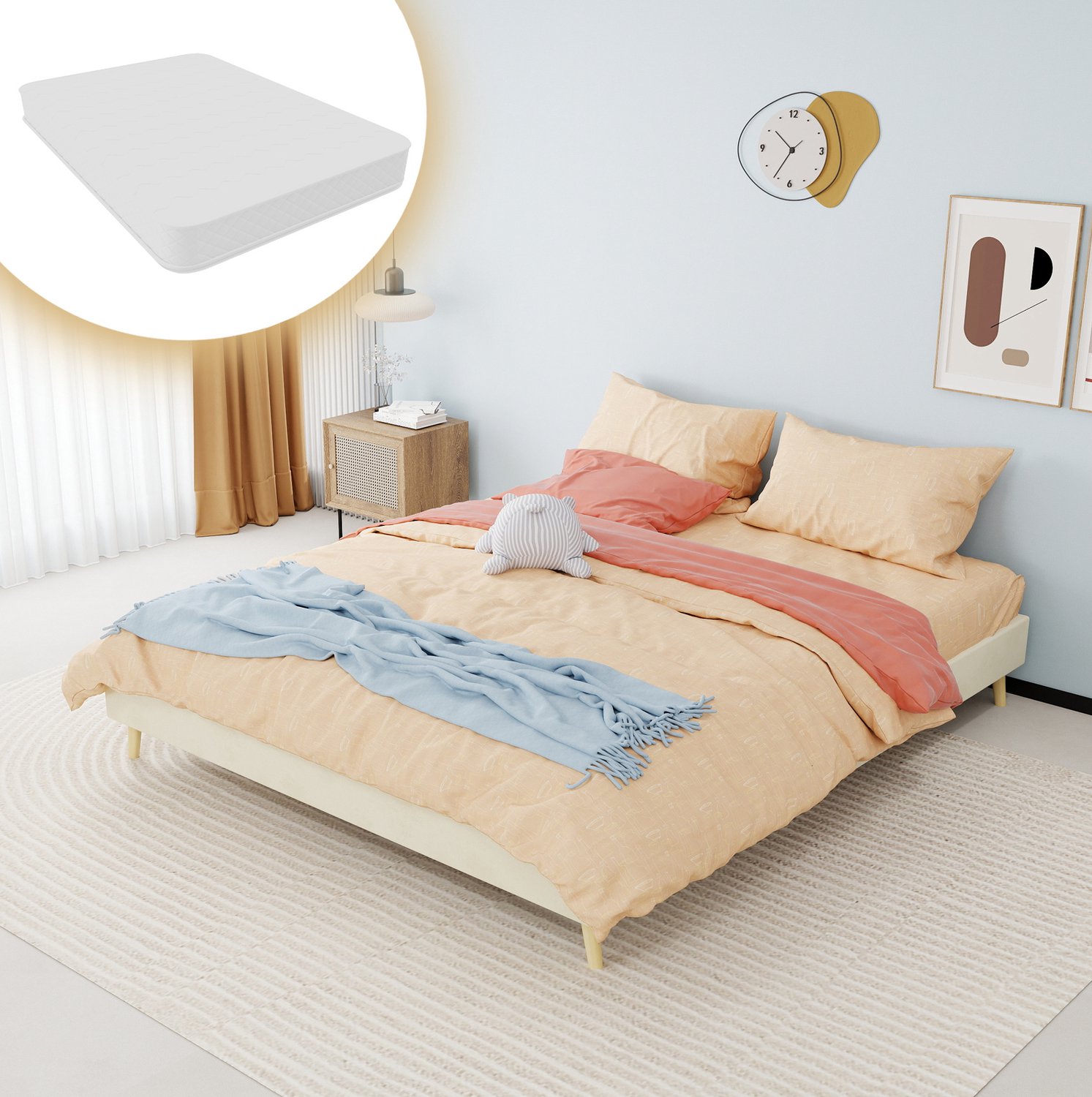 MEUNIQ tweepersoons bedframe 160 x 200 cm met lattenbodem en meerdere steunpunten, beige stoffen bekleding en metalen onderdelen, voor de slaapkamer