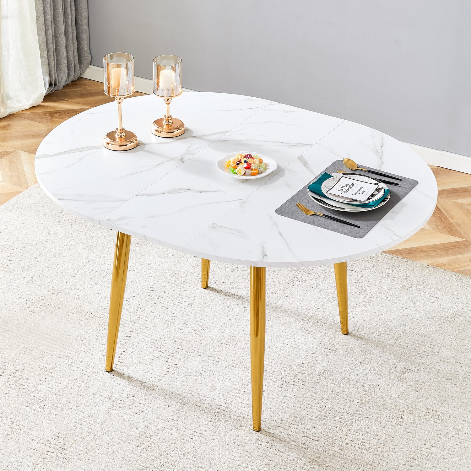 MEUNIQ uitschuifbare eettafel 107–137 cm, rond en uitgeschoven ovaal, wit tafelblad met afgeronde hoeken en goudkleurige metalen poten