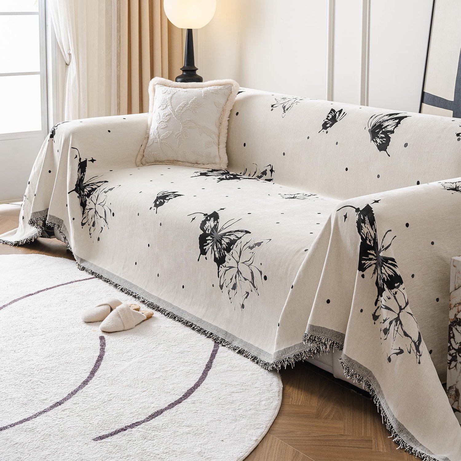Chenille Sofa Dekentje met Elegante Vlinderprint en Franje