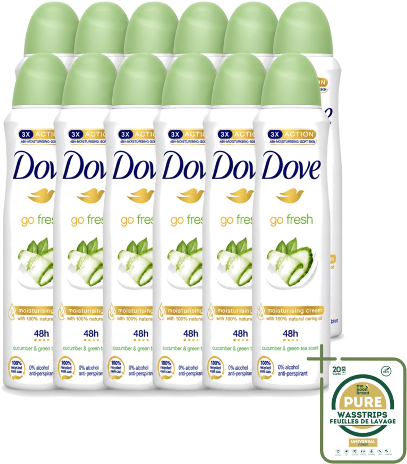 12 x Dove - Deodorant - Go Fresh Cucumber & Green Tea - Frisse en kalmerende geur - 150 ml - Wasstrips - Dove Go Fresh - Cucumber & Green Tea - Deodorant Spray - Fris - Kalmerend